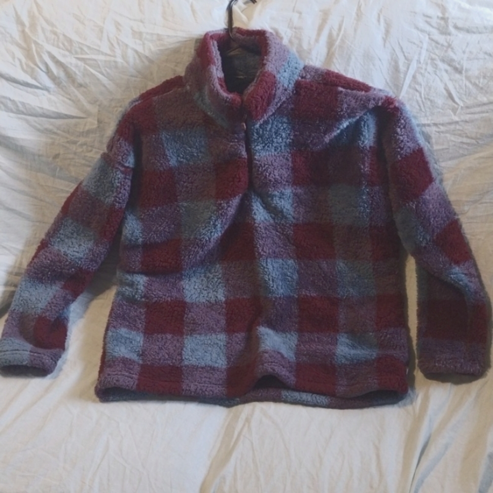 Eddie Bauer fleece quarter zip maroon and blue checks size XL